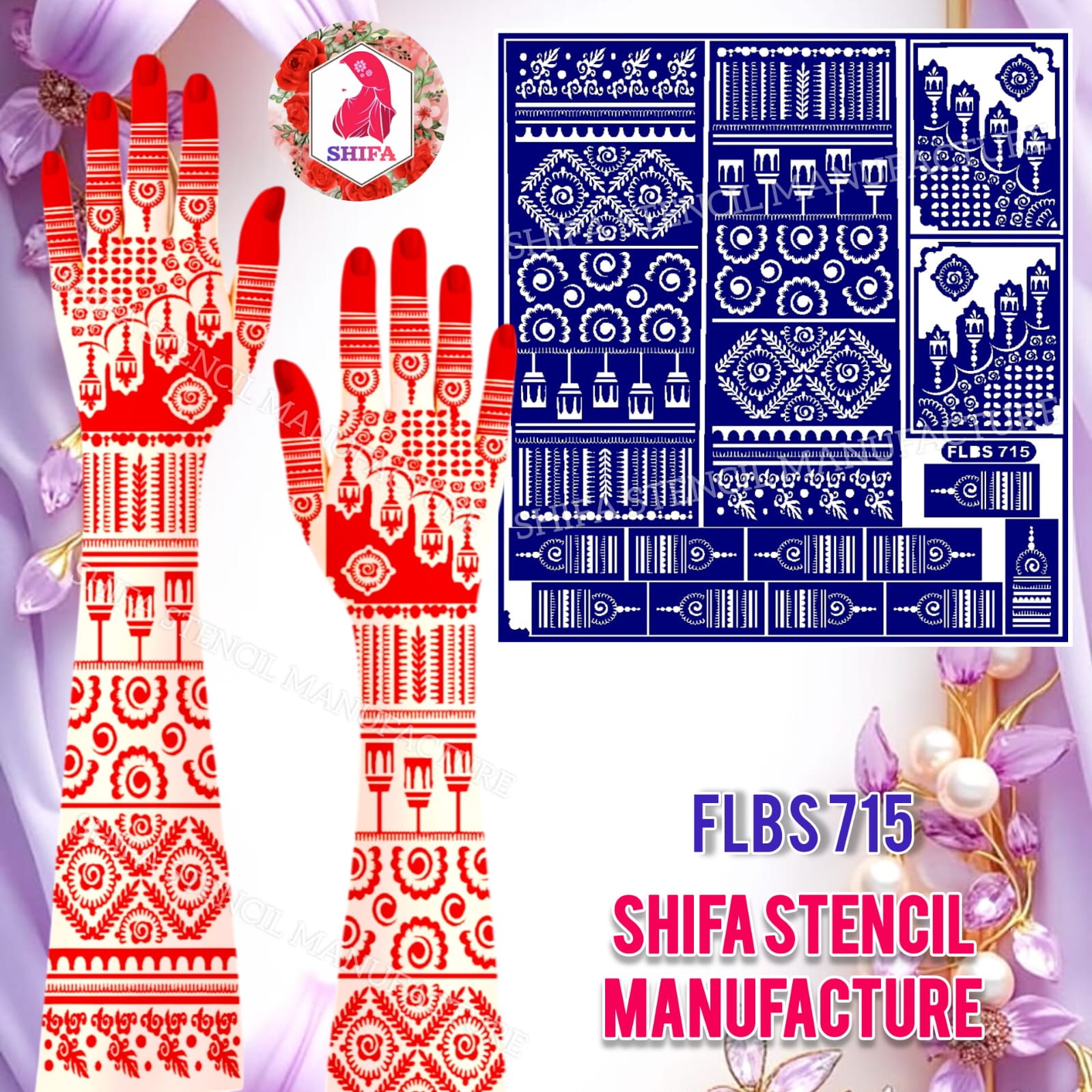 FLBS 715 Royal Lantern Floral Grid Mehndi Sticker Overview Henna Stencil - Shifa Stencil